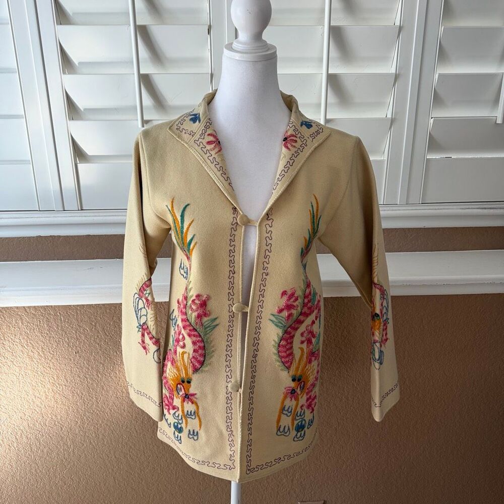 Vintage 1940s Asian Inspired Cream Wool Jacket Embroidered Dragon Size Xs/Small